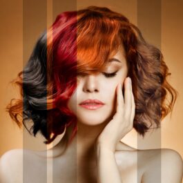 O femeie frumoasă cu părul scurt și vopsit în diferite nunațe pentr a ilustra ce spune culoarea părului despre tine