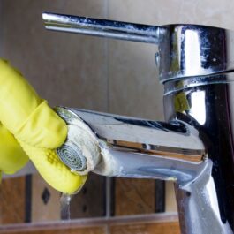 Un robinet de bucătărie plin de calcar și o mână care poartă o mănușă de plastic de culoare galbenă ce urmează să curețe de calcar zona respectivă