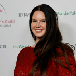 Lana Del Rey, zâmbitoare, într-o rochie roșie, la un eveniment
