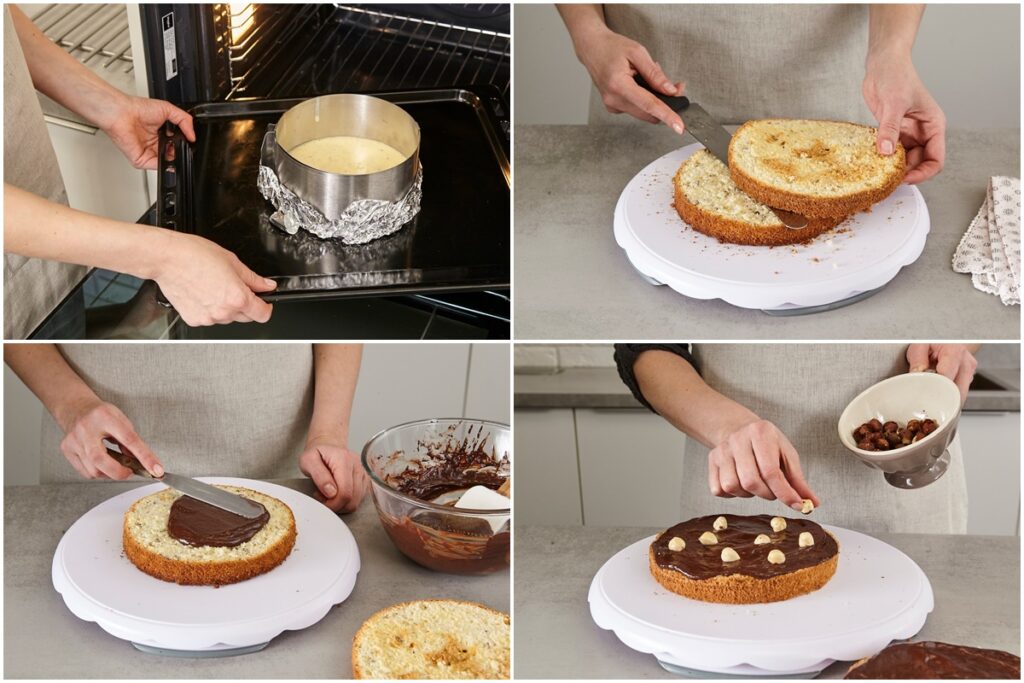 Colaj de poze cu pașii de coacere a blatului de tort și de glazurare cu ciocolată