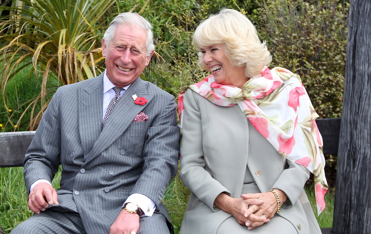Regele Charles la costum alături de soția sa, Camilla Parker Bowles într-un portret oficial în timp ce stau împreună pe o bancă