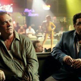 Imagine din serialul „The Sopranos” în care apar James Gandolfini și Tony Sirico îmbrăcați în sacoruri scumpe, stând la o masă în interiorul unui bar, privind uimiți spre colțul camerei