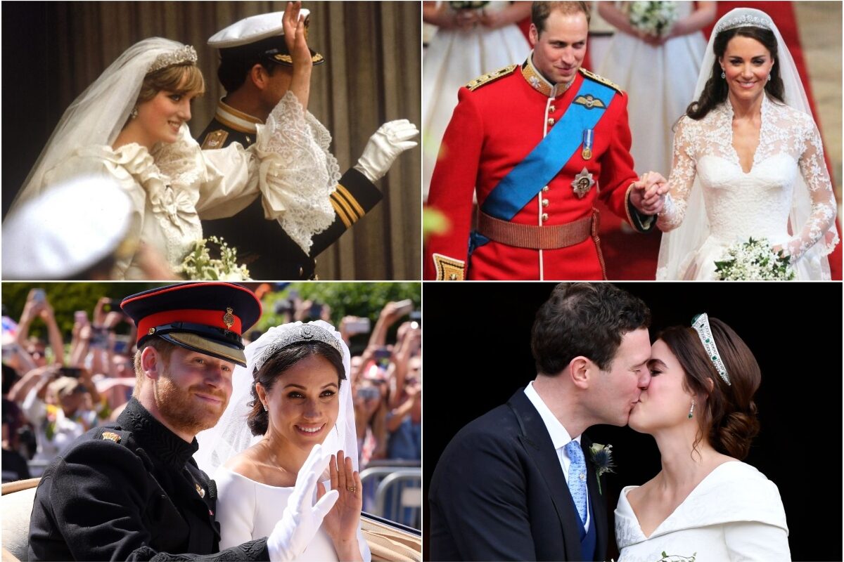 Imagine colaj cu patru dintre nunțile regale cu Prințesa Diana și Prințul Charles, Prințul William și Kate Middleton, Prințul Harry și Meghan Markle și Prințesa Eugenie și soțul ei, din ziua nunții lor