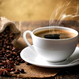 O ceașcă plină cu cafea alături de un sac de boabe de cafea