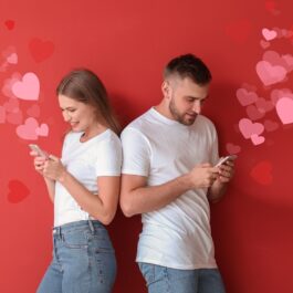 Un cuplu de îndrăgostiți care își trimit mesaje de dragoste unul celuilalt de Ziua Îndrăgostiților