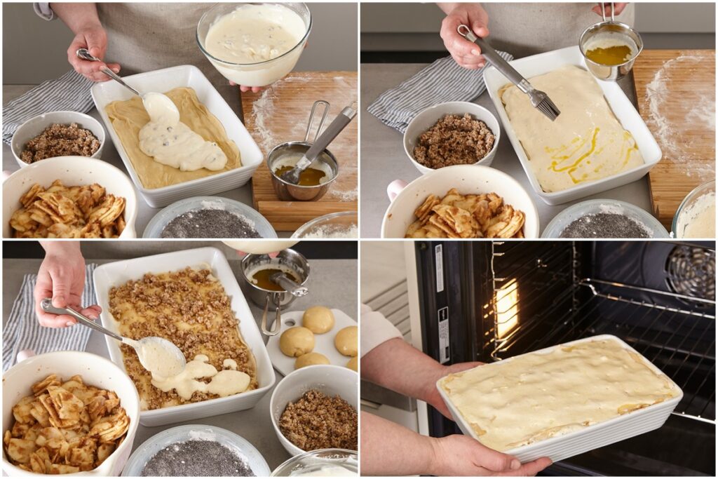 Colaj de poze cu pașii de preparare ai prăjiturii cu patru straturi din bucătăria slovenă