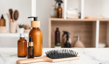 Mai multe produse de îngrijire a părului printre care și un ser de hidratare și o perie de păr din bambus, aflate pe un blat de marmură dintr-o baie de culoare albă