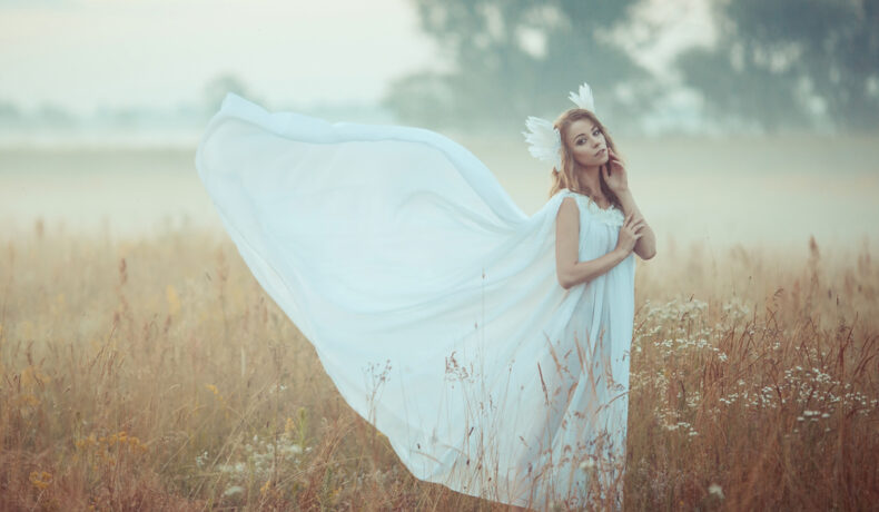 Fată frumoasă îmbrăcată într-o rochie albă lungă stă pe un câmp