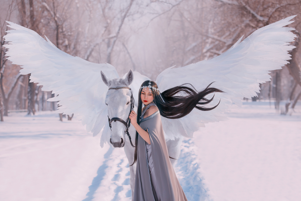 Fată frumoasă îmbrăcată într-o rochie lungă stă lângă un cal alb