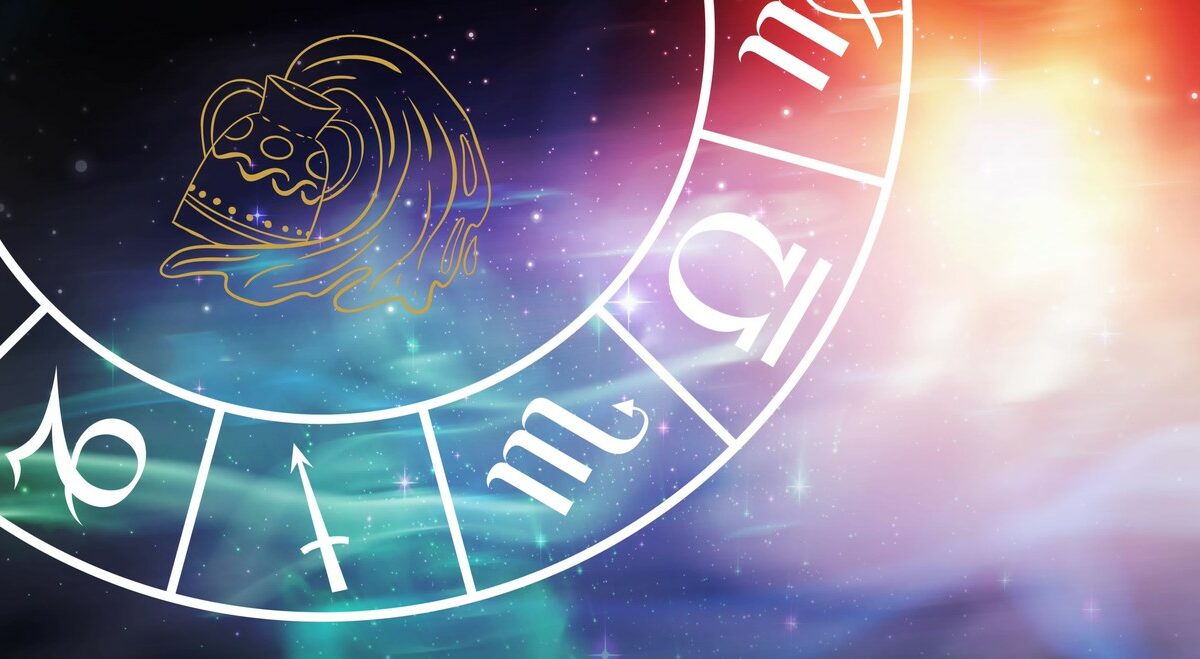 Câteva semne zodiacale, într-o astrogramă, fotografiată pe un fundal colorat