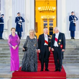 Regina Camilla și Regele Charles , alături de președintele Germaniei și de soția acestuia, pe treptele palatului