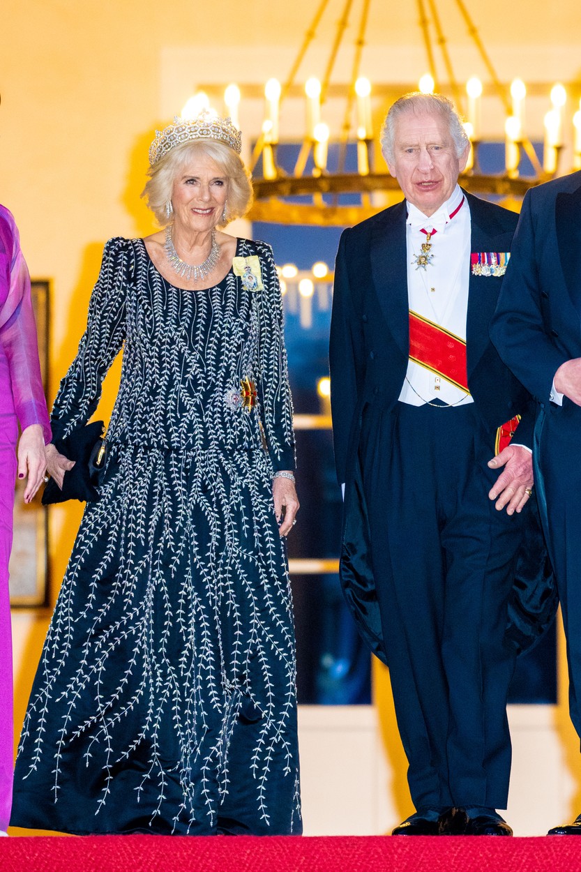 Regina Camilla, într-o rochie albastră, cu ștrasuri, la banchetul de stat din Germania, alături de Regele Charles