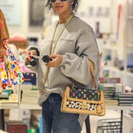 Rihanna, într-un hanorac gri, o pereche de jeanși, cu o geantă colorată