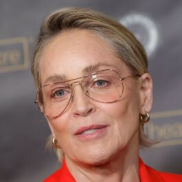 Sharon Stone, cu ochelari de vedere la ochi, într-o ținută de culoare roșie