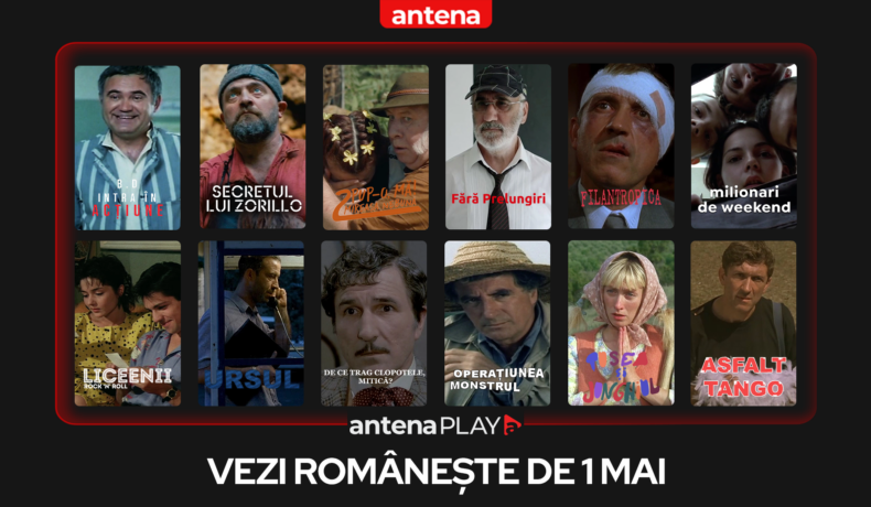 Imagine pe fundal negru cu mai multe pictograme ale comediilor românești din AntenaPLAY