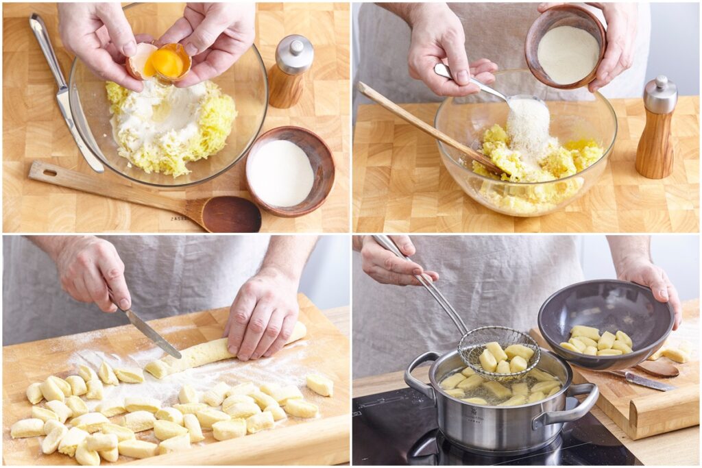 Colaj de poze cu pașii de preparare pentru gnocchi de cartofi