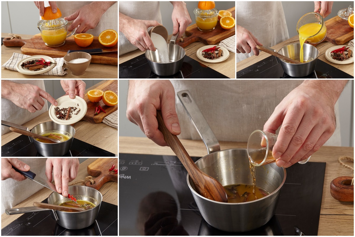 Colaj de poze cu pașii de preparare a sosului caramel de portocale