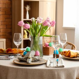 Masa de Paște 2023 aranjată cu farfurii și o vază frumoasă cu lalele roz