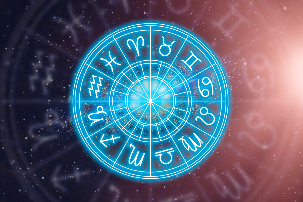 Cele 12 semne zodiacale inegrate într-un cerc de culoare albastră pe fond negru