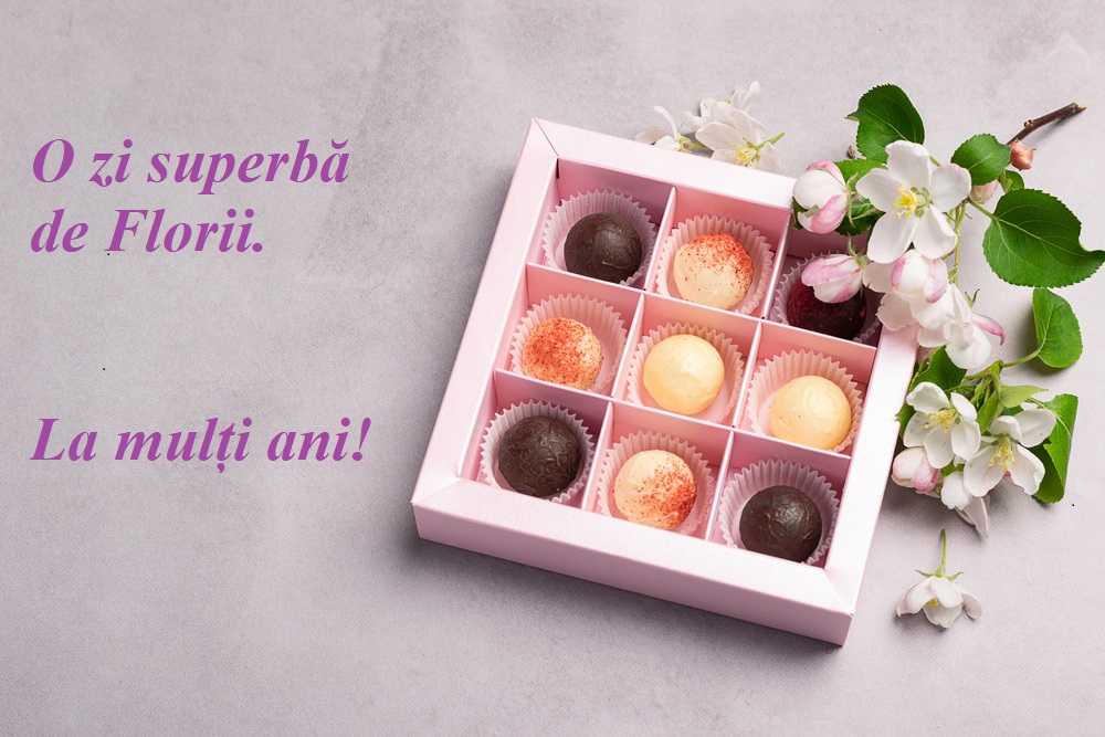 O cutie de bomboane de ciocolată cu un mesaj text pentru Florii