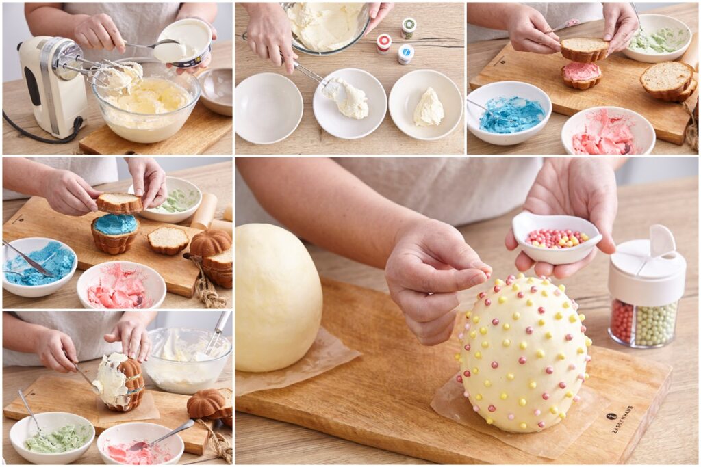 Colaj de poze cu pașii de formare ouă de Paște din cupcakes, cu cremă de mascarpone în trei culori