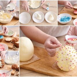 Colaj de poze cu pașii de formare ouă de Paște din cupcakes, cu cremă de mascarpone în trei culori
