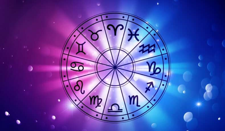 Cele 12 semne zodiacale centrate pe un fundal roz cu albastru