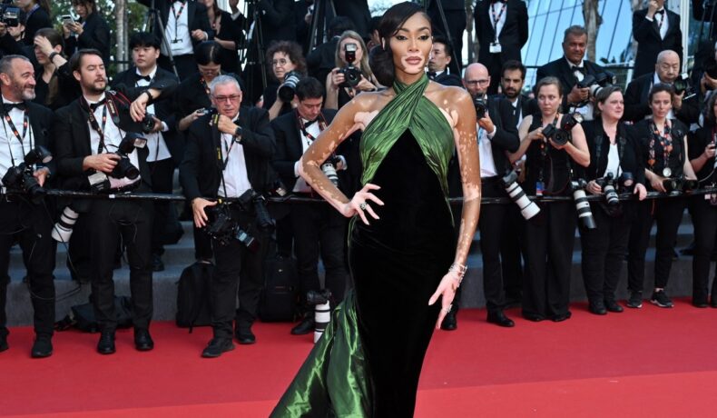 Winnie Harlow a apărut pe covorul roșu de la Cannes, într-o rochie neagră cu trenă verde