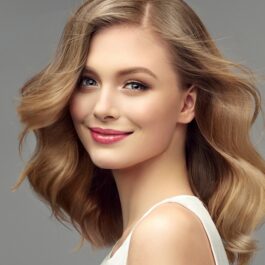 O femeie frumoasă, cu părul blond și subțire, care are una dintre coafurile recomandate pentru femeile cu părul rar și subțire