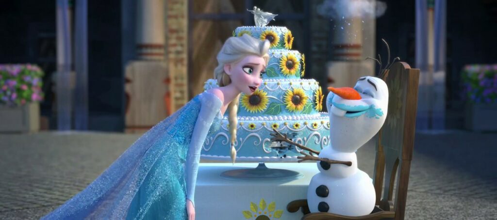 Elsa și Olaf, discută în timp ce pregătesc un tort pentru Ana