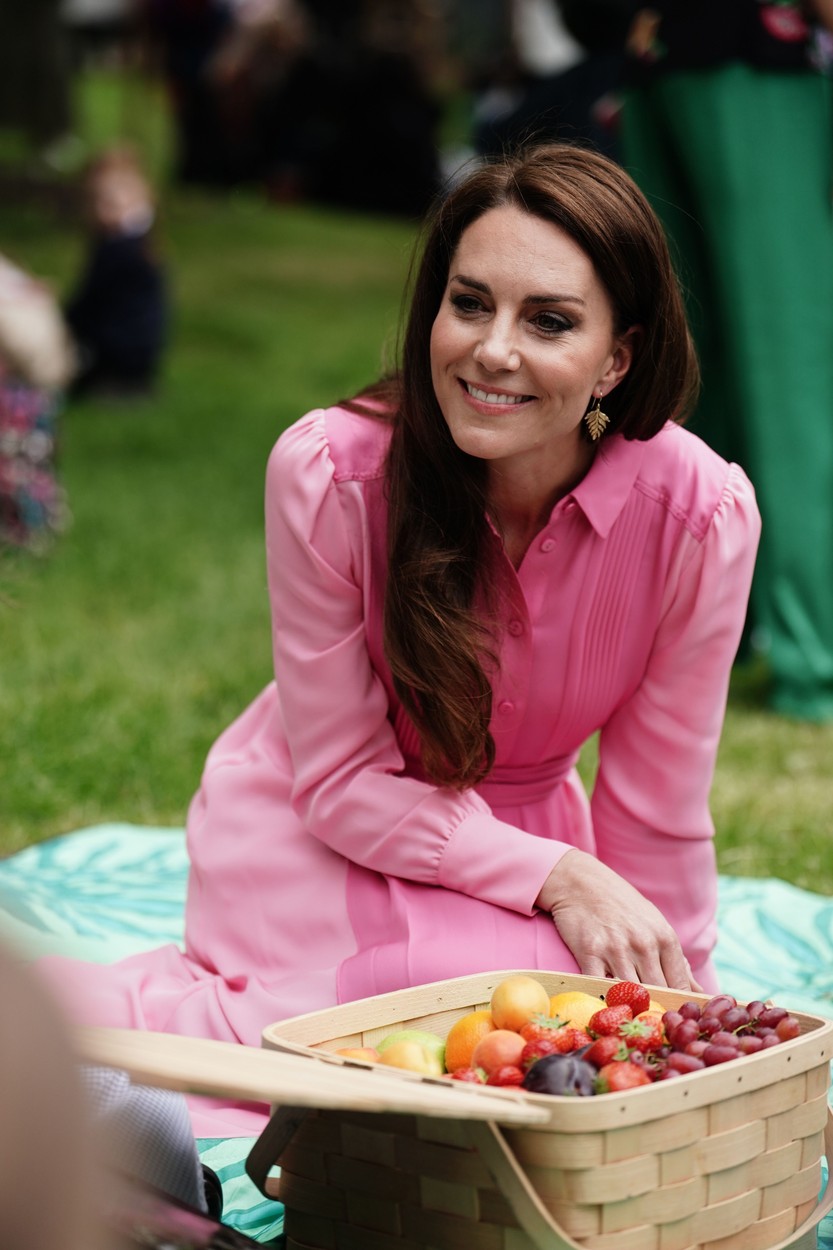 Kate Middleton, într-o rochie roz, pe o patură, în cadrul unui picnic