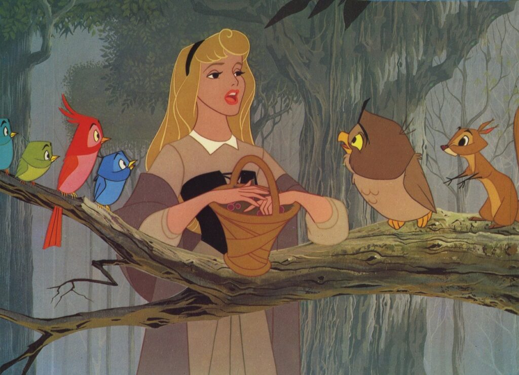Prințesa Aurora, alături de mai multe păsărele, îm pădure