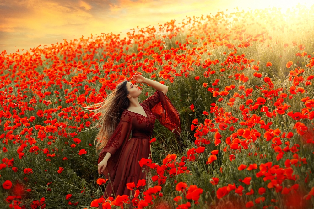 Fată frumoasă îmbrăcată într-o rochie lungă, roșie stă într-un câmp de maci și se uită spre soare