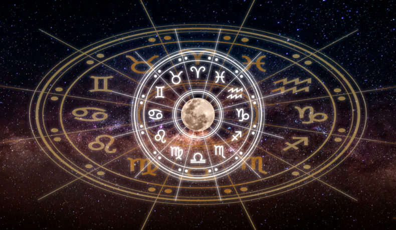 Cele 12 semne zodiacale pe un fundal negru cu scris alb