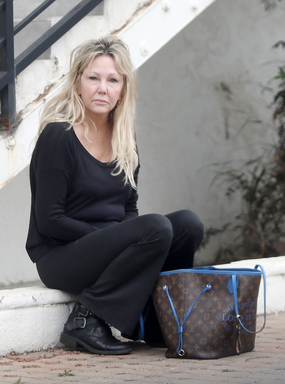 Heather Locklear, fotografiată pe o bordură, cu geanta pusă pe stradă