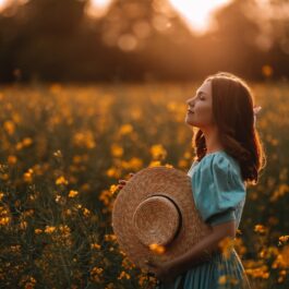 Fată frumoasă cu părul lung stă într-un câmp cu flori cu o pălărie în mână