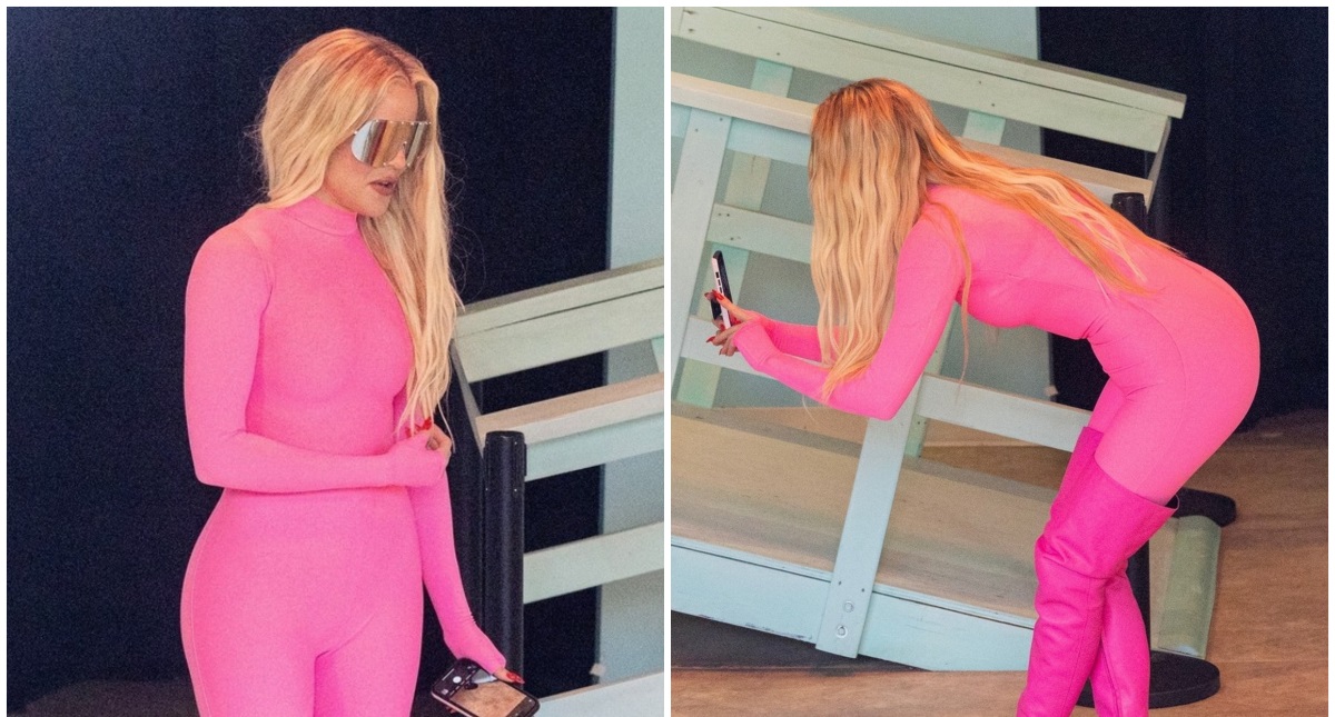 Colaj cu Khloe Kardashian care a purtat un costum din latex roz pentru a o imita pe Barbie