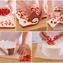 Colaj de poze cu pașii de montare pentru Tort spirală cu mascarpone și căpșuni