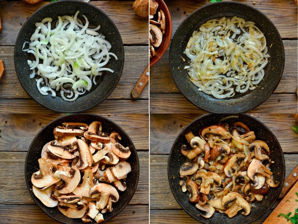 Colaj de poze cu pașii de preparare a ciupercilor cu ceapă