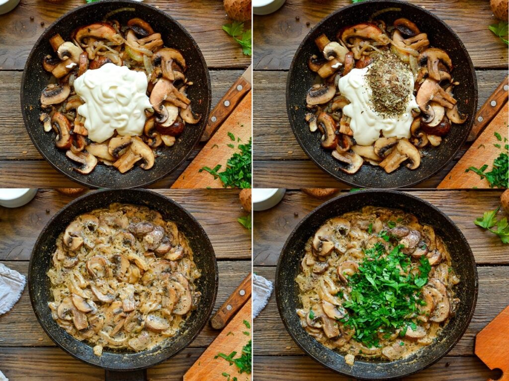 Colaj de poze cu pașii de preparare ciuperci cu sos de smântână la tigaie