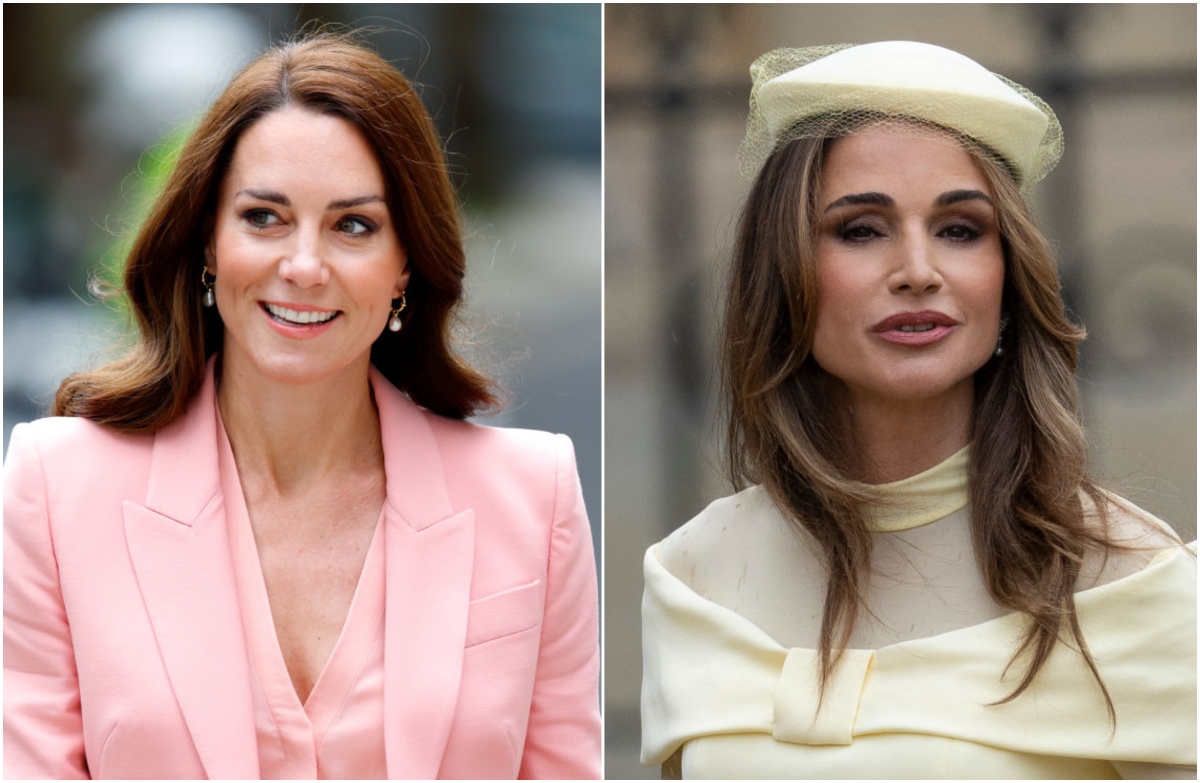 Kate Middleton, într-un costum roz, Regina Rania, într-o roche galbenă, cu pălărie pe cap