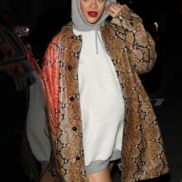 Rihanna, într-un hanorac larg cu glugă și o haină din imitație de piele de șarpe