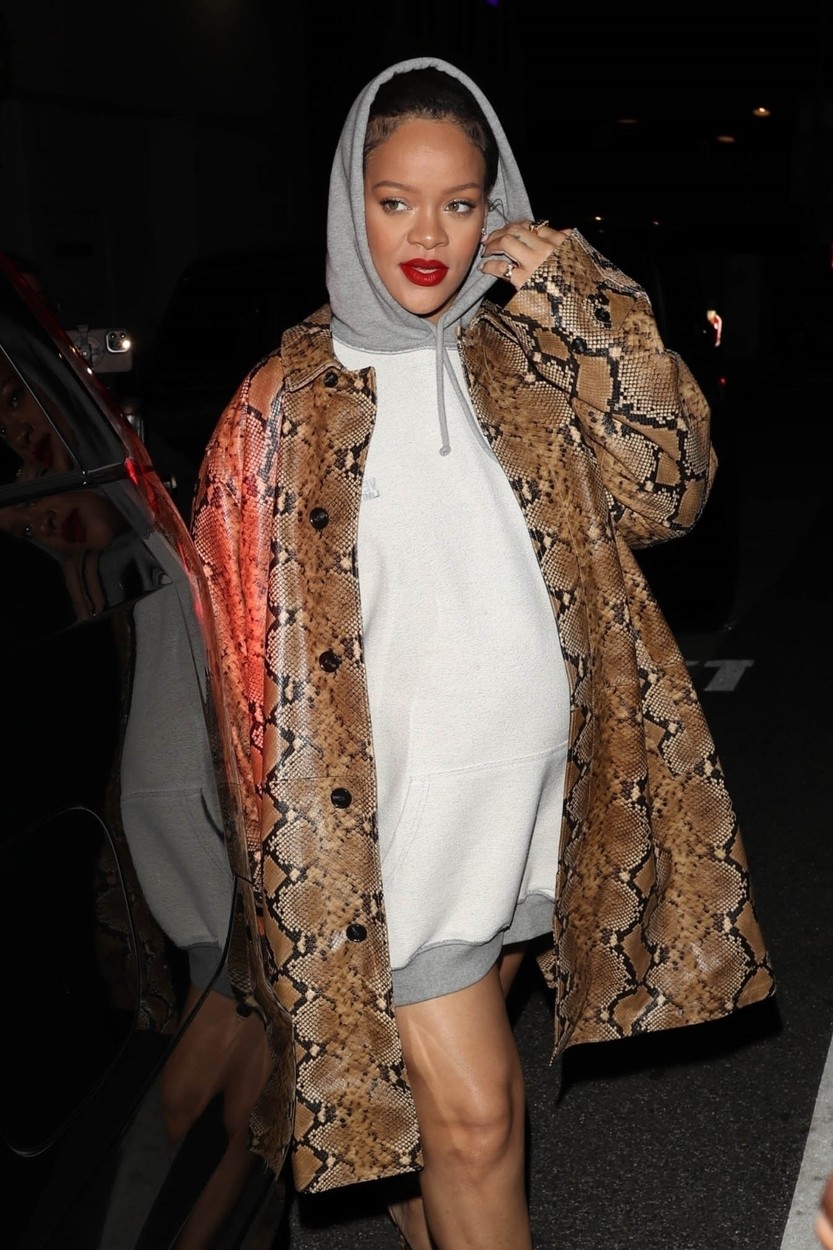 Rihanna, într-un hanorac larg cu glugă și o haină din imitație de piele de șarpe