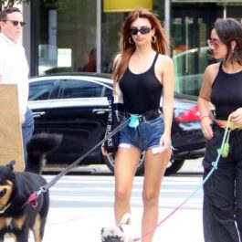 Emily Ratajkowski într-o ținută casual în timp ce îl plimbă pe Colombo alături de o prietenă care are și ea un câine
