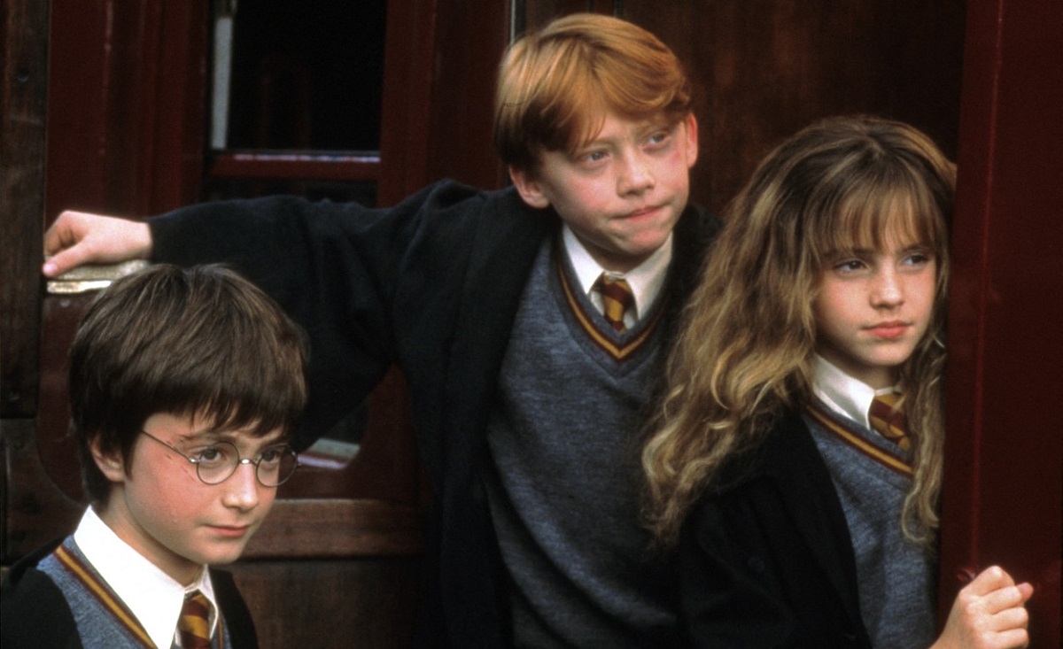 Daniel Jacob Radcliffe, Rupert Grint și Emma Watson într-o scenă din filmul Harry Potter