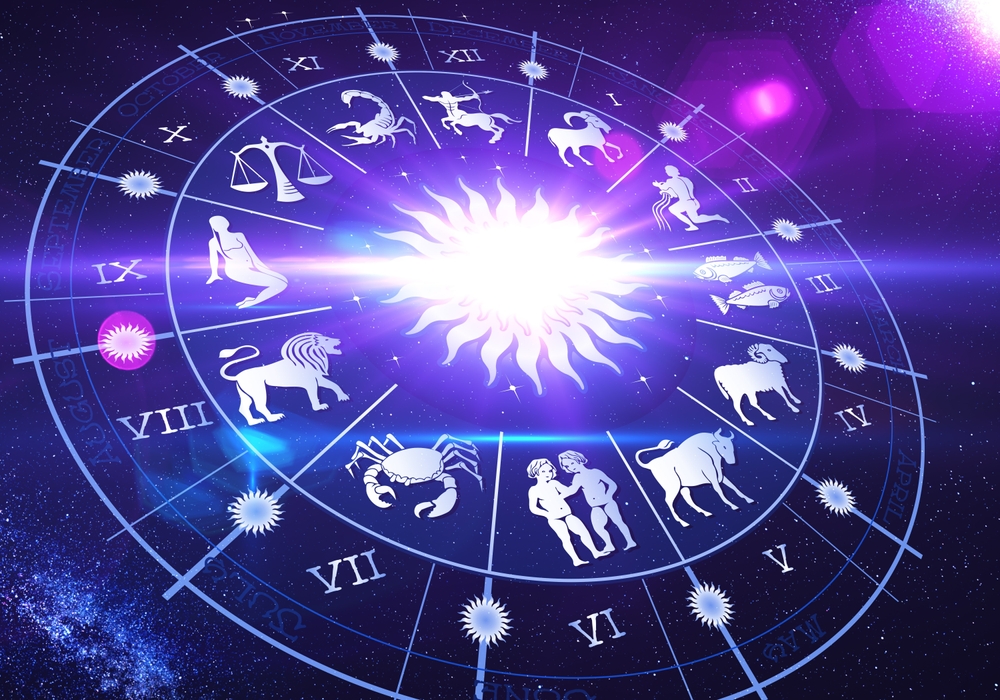Harta astrologiei cu toate semnele, pe un fundal albastru
