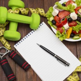 O masă de lemn pe care se află un bol cu o salată, un carnețel de notițe și câteva greutăți pentru a ilustra cum poți pierde în greutate după vârsta de 40 de ani