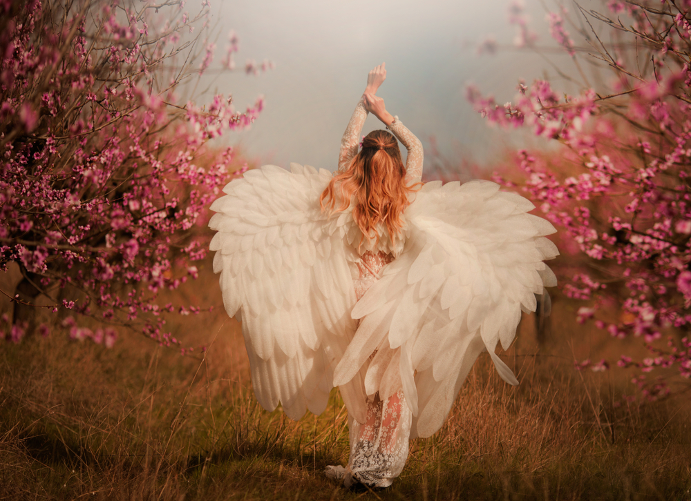 O femeie într-un câmp deschis, cu natura în jur, cu aripi albe pe spate