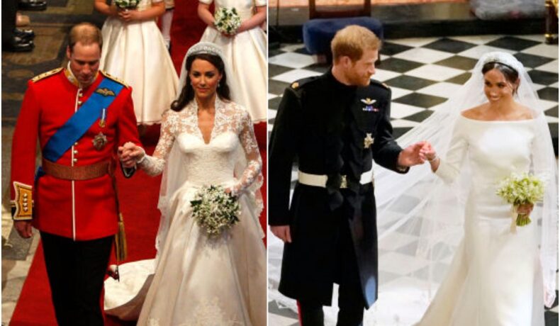 Colaj format din două poze: în cea din stânga sunt Prințul William și Kate Middleton, în ziua nunții, iar în imaginea din dreapta se află Prințul Harry și Meghan Markle, în ziua nunții lor