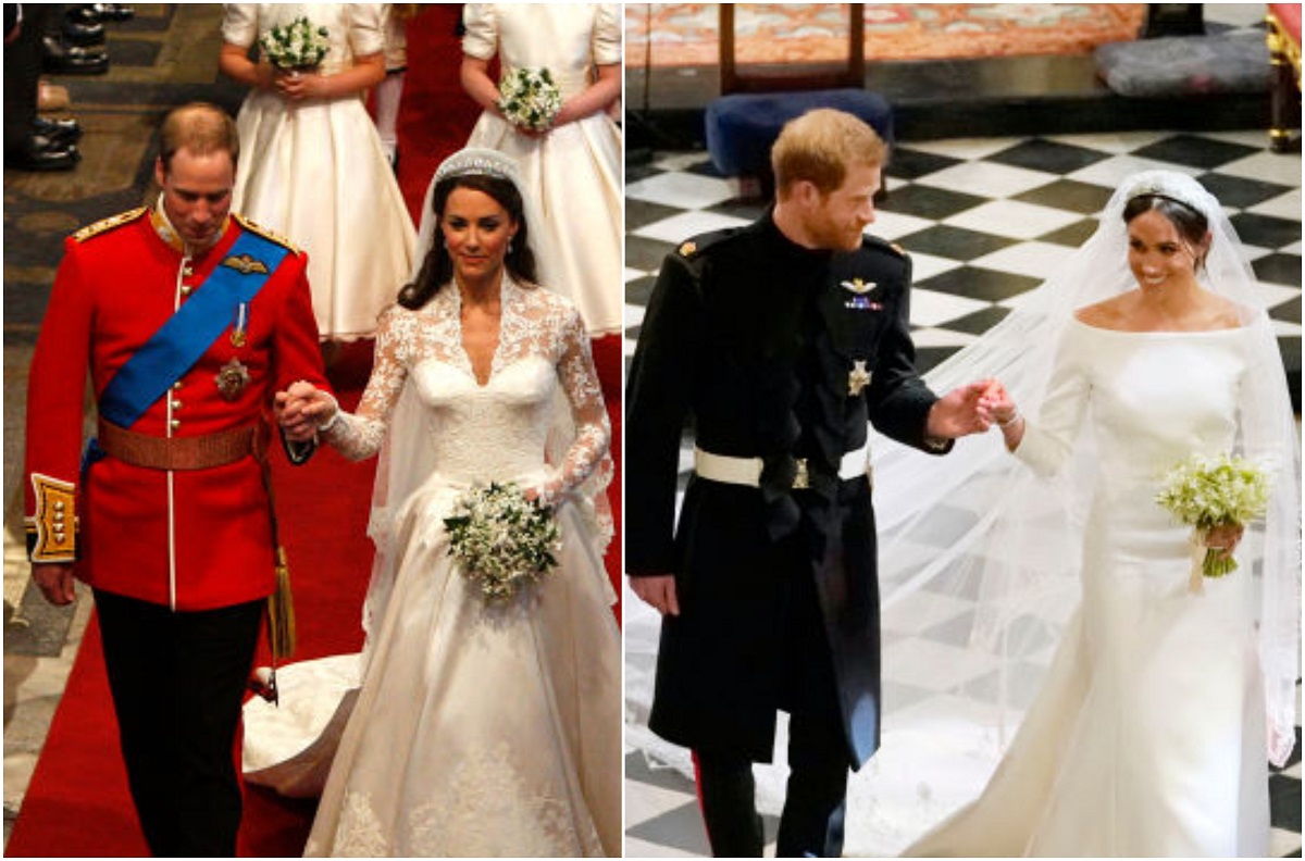 Colaj format din două poze: în cea din stânga sunt Prințul William și Kate Middleton, în ziua nunții, iar în imaginea din dreapta se află Prințul Harry și Meghan Markle, în ziua nunții lor